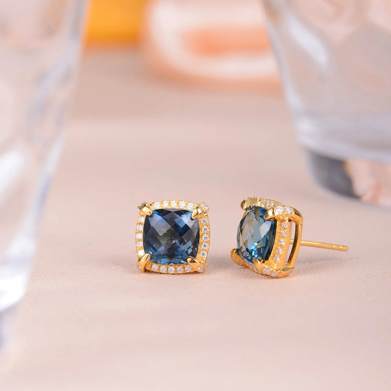 Soleste Halo Square Natural London Blue Topaz Silver Stud Earrings