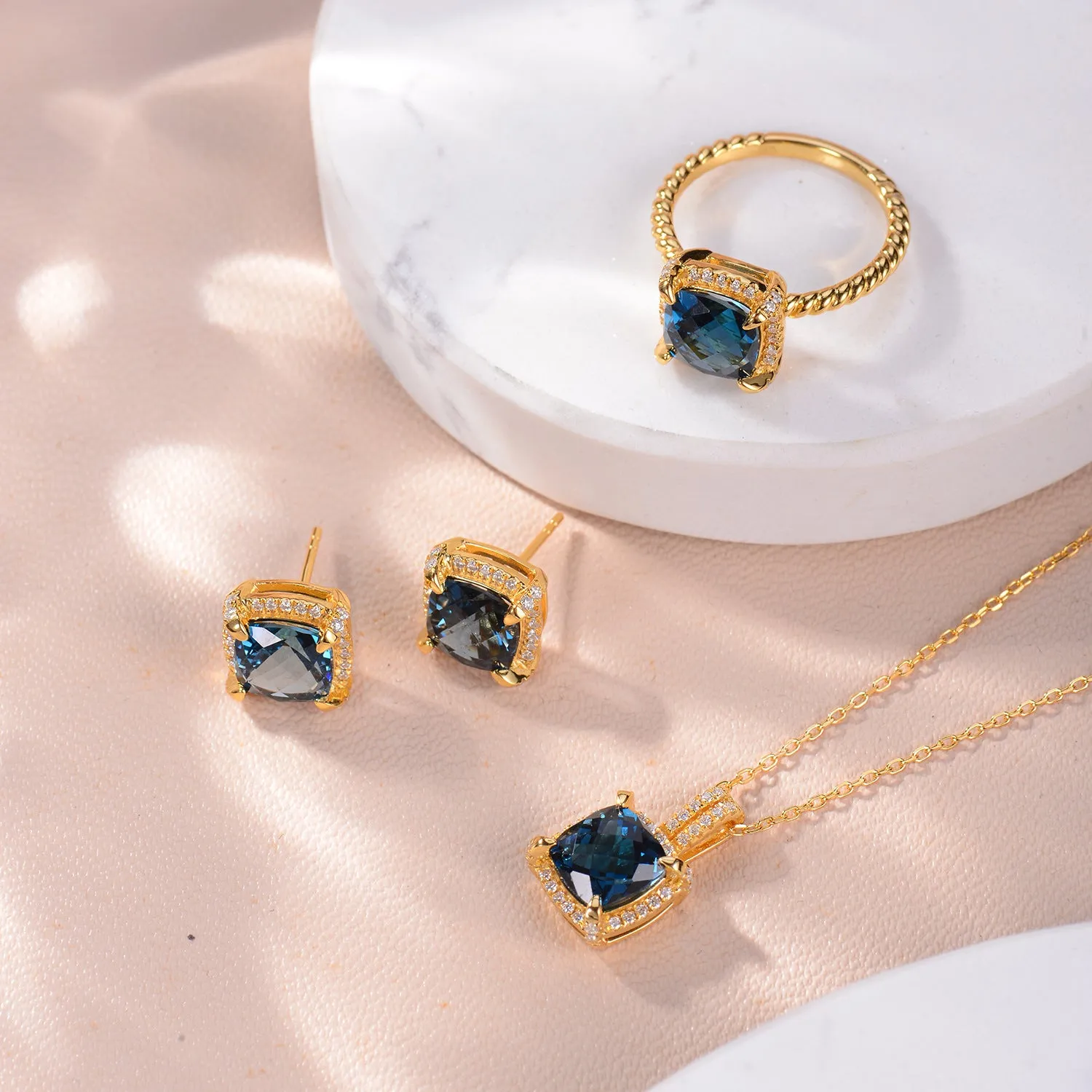 Soleste Halo Square Natural London Blue Topaz Silver Stud Earrings