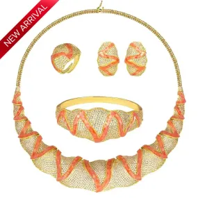 Stand-Out Coral Orange Gold Cubic Zirconia 4 pieces Jewellery Set Party Celebrant Jewellery