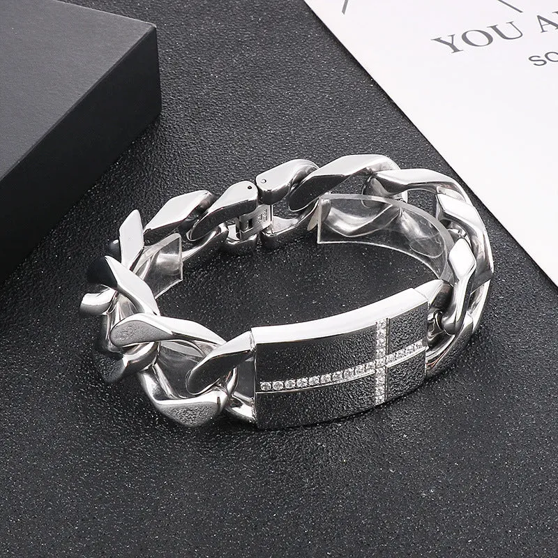 Stylish Titanium Steel Cross Bracelet with Zircon Accent - Men's Punk Jewelry