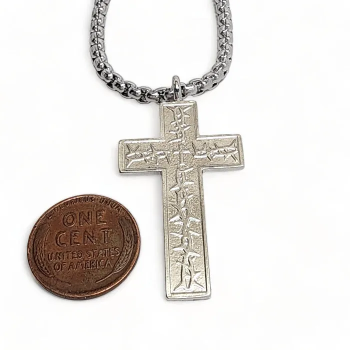 Thorns Cross Rhodium Metal Finish Pendant Heavy Box Chain Necklace