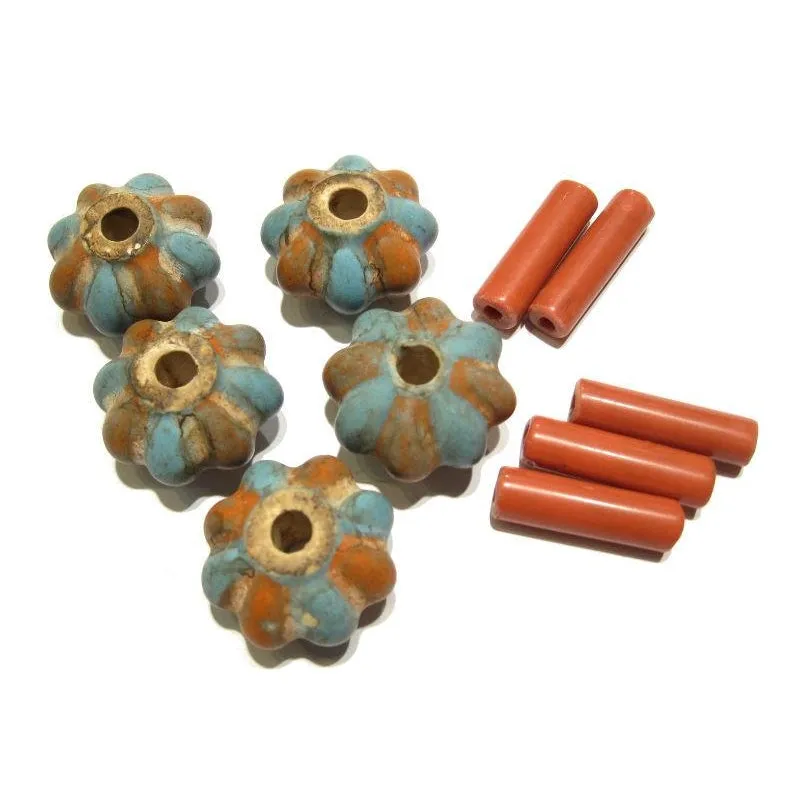 Tibetan Style "Coral and Turquoise Glass" Melon Bead Necklace/Strand or Loose