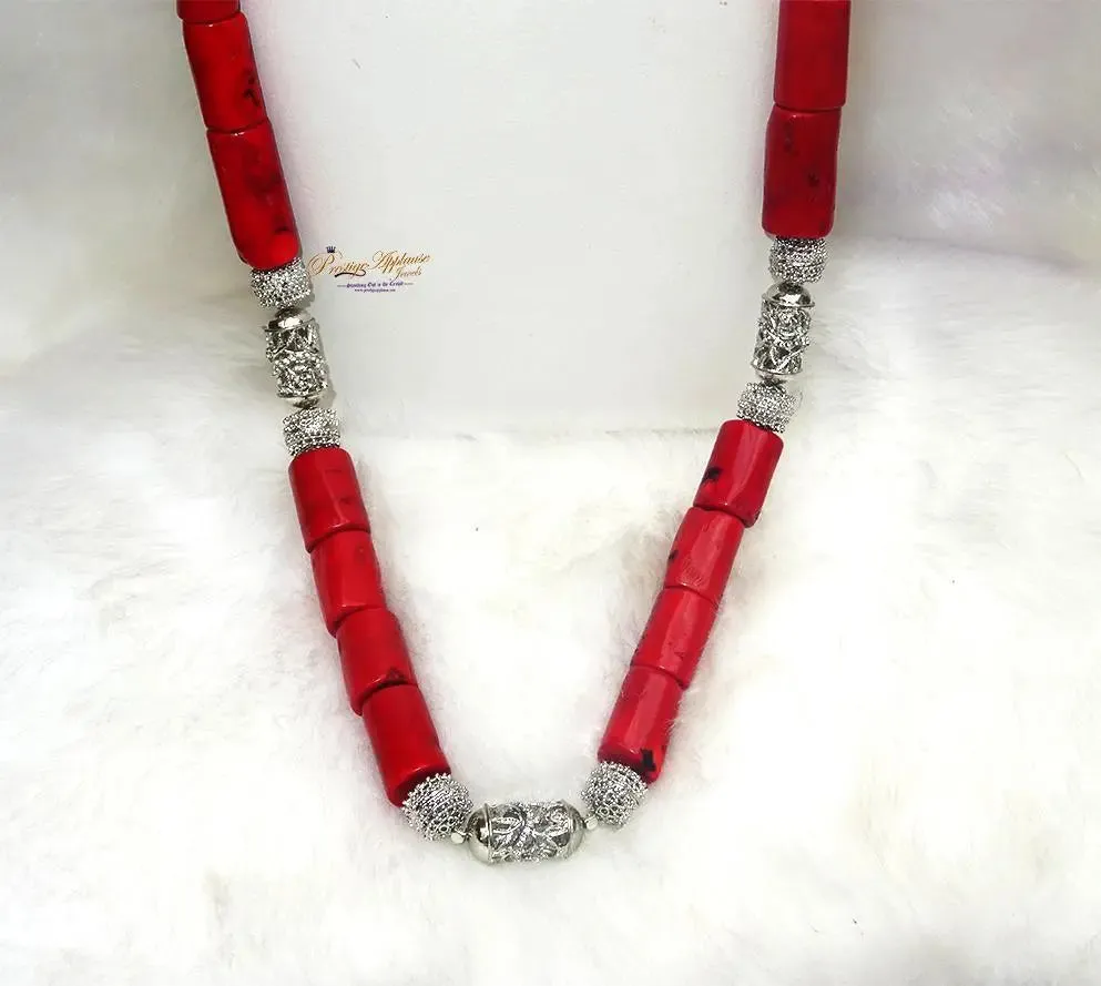 Traditional Men Women Unisex Red Coral Beads Embellished Necklace Jewellery Set