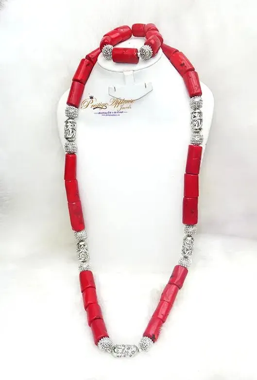 Traditional Men Women Unisex Red Coral Beads Embellished Necklace Jewellery Set