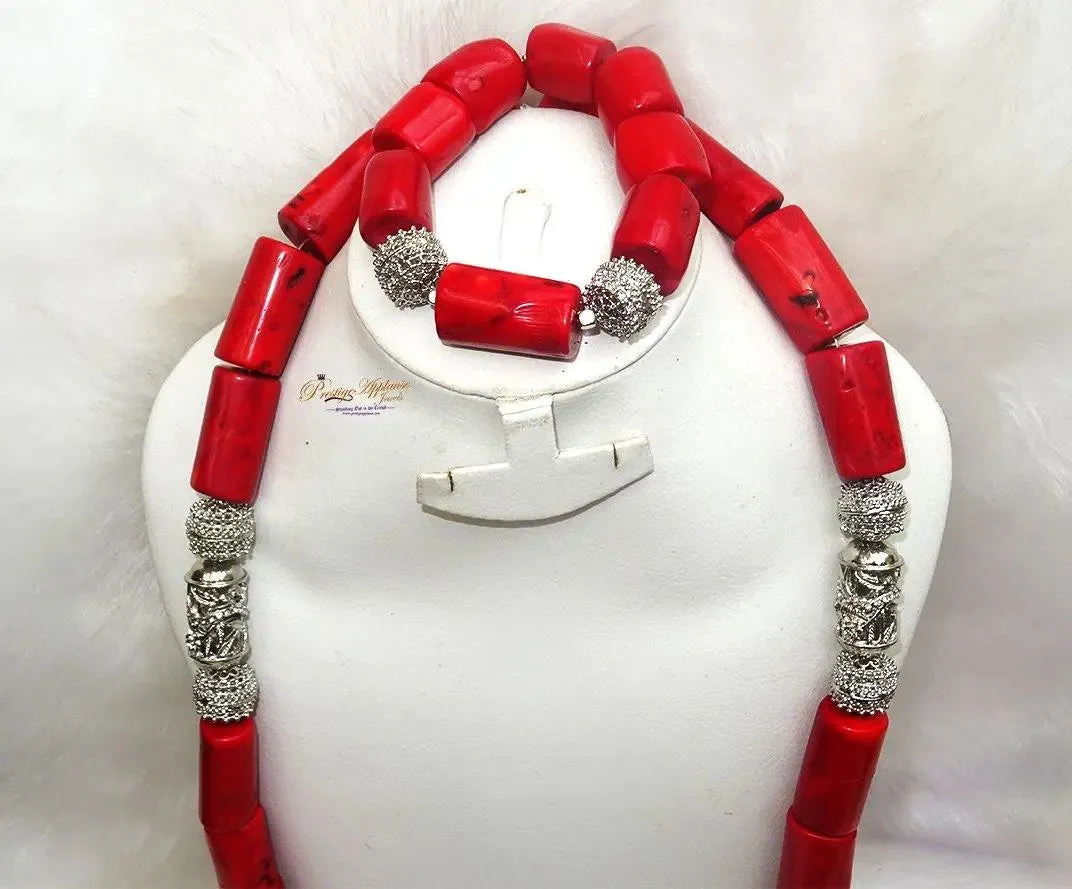 Traditional Men Women Unisex Red Coral Beads Embellished Necklace Jewellery Set