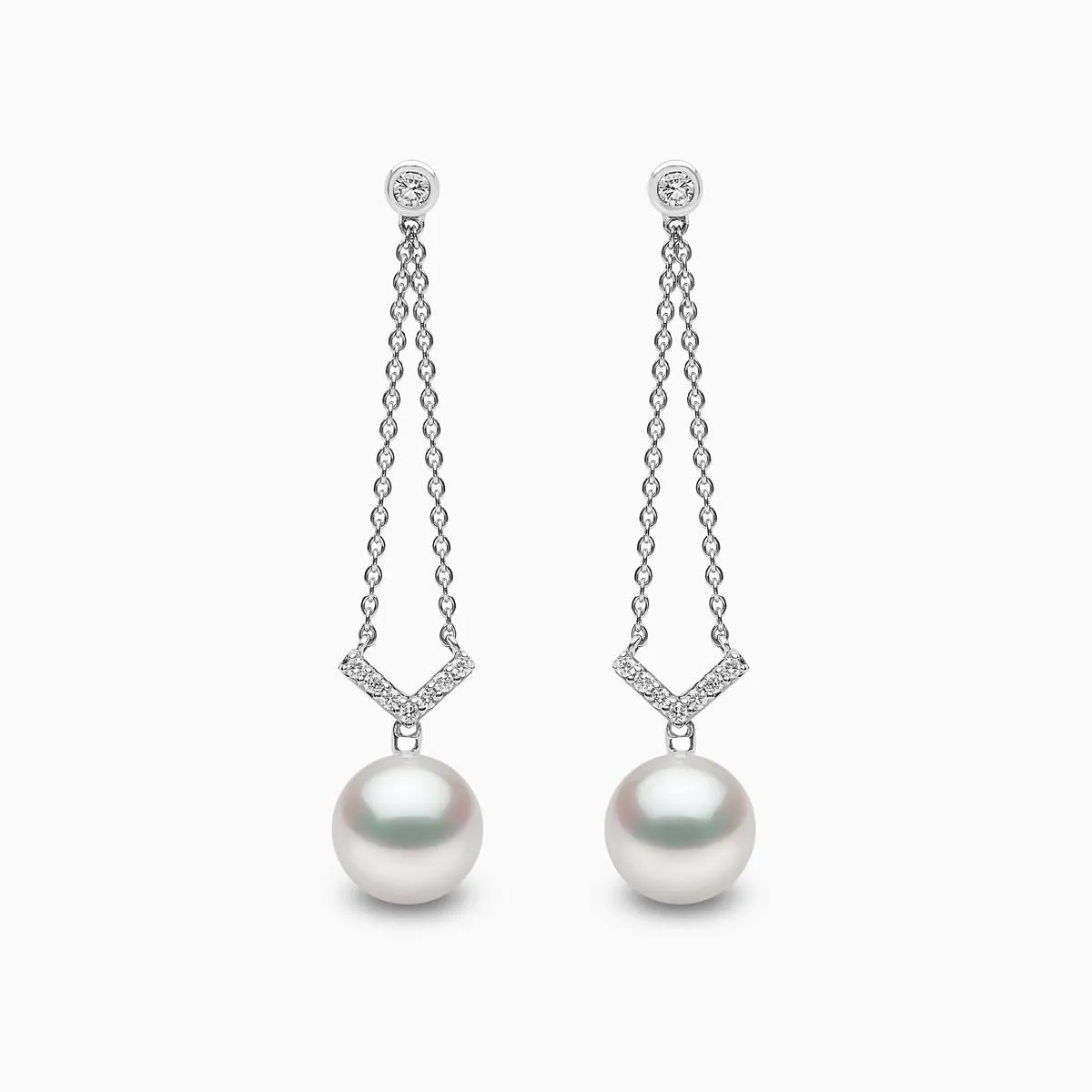 Trend 18K Gold Freshwater Pearl and Diamond V Chain Earrings