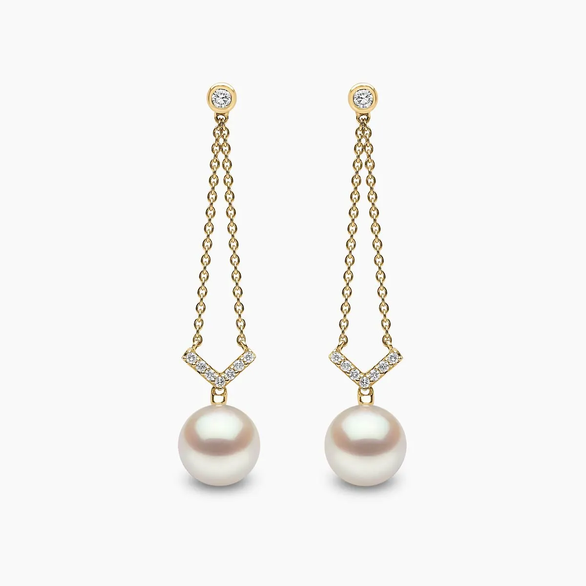Trend 18K Gold Freshwater Pearl and Diamond V Chain Earrings