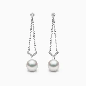Trend 18K Gold Freshwater Pearl and Diamond V Chain Earrings