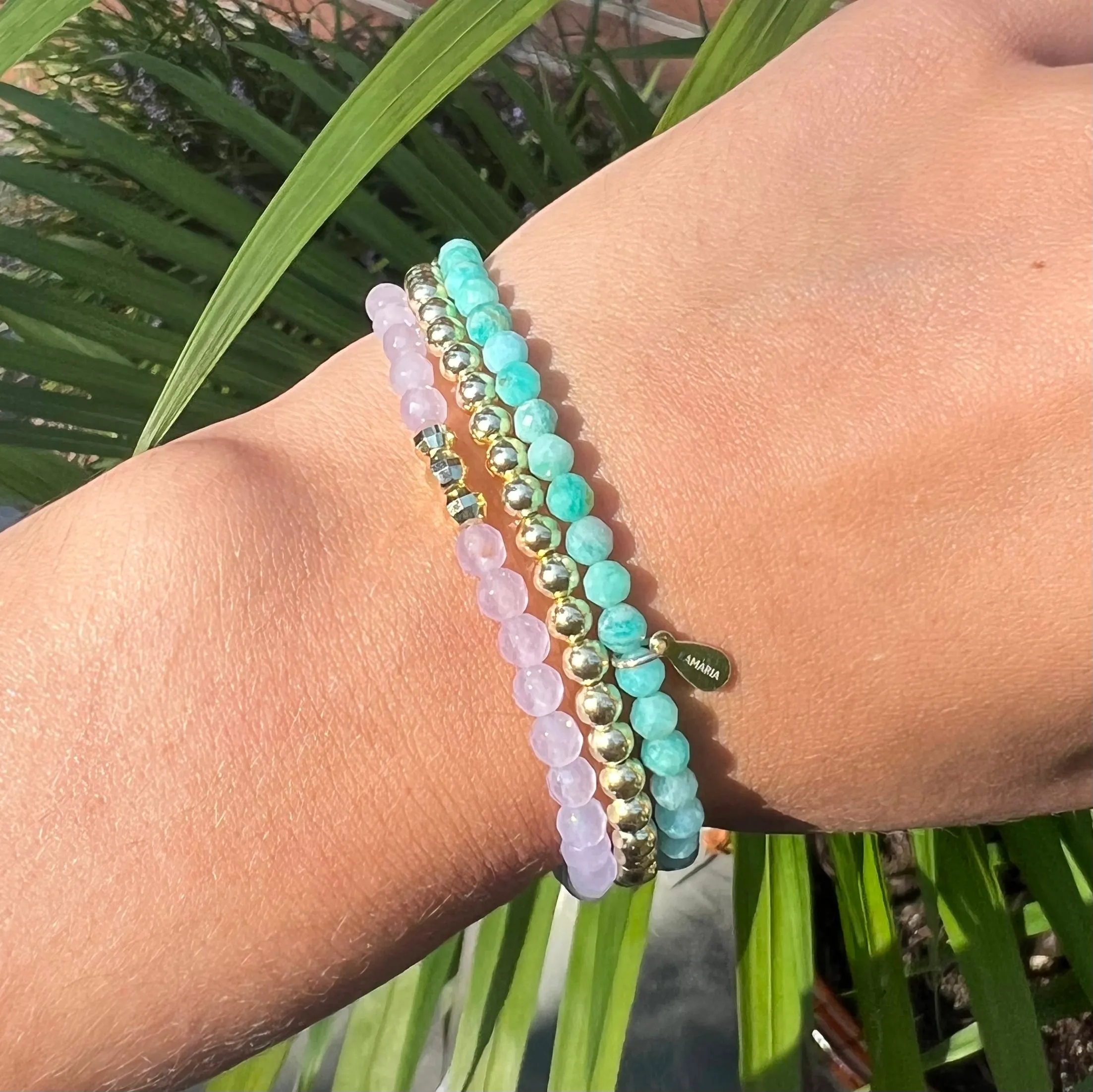 Triple Stack - Amazonite Lavender And Gold Beaded Bracelets