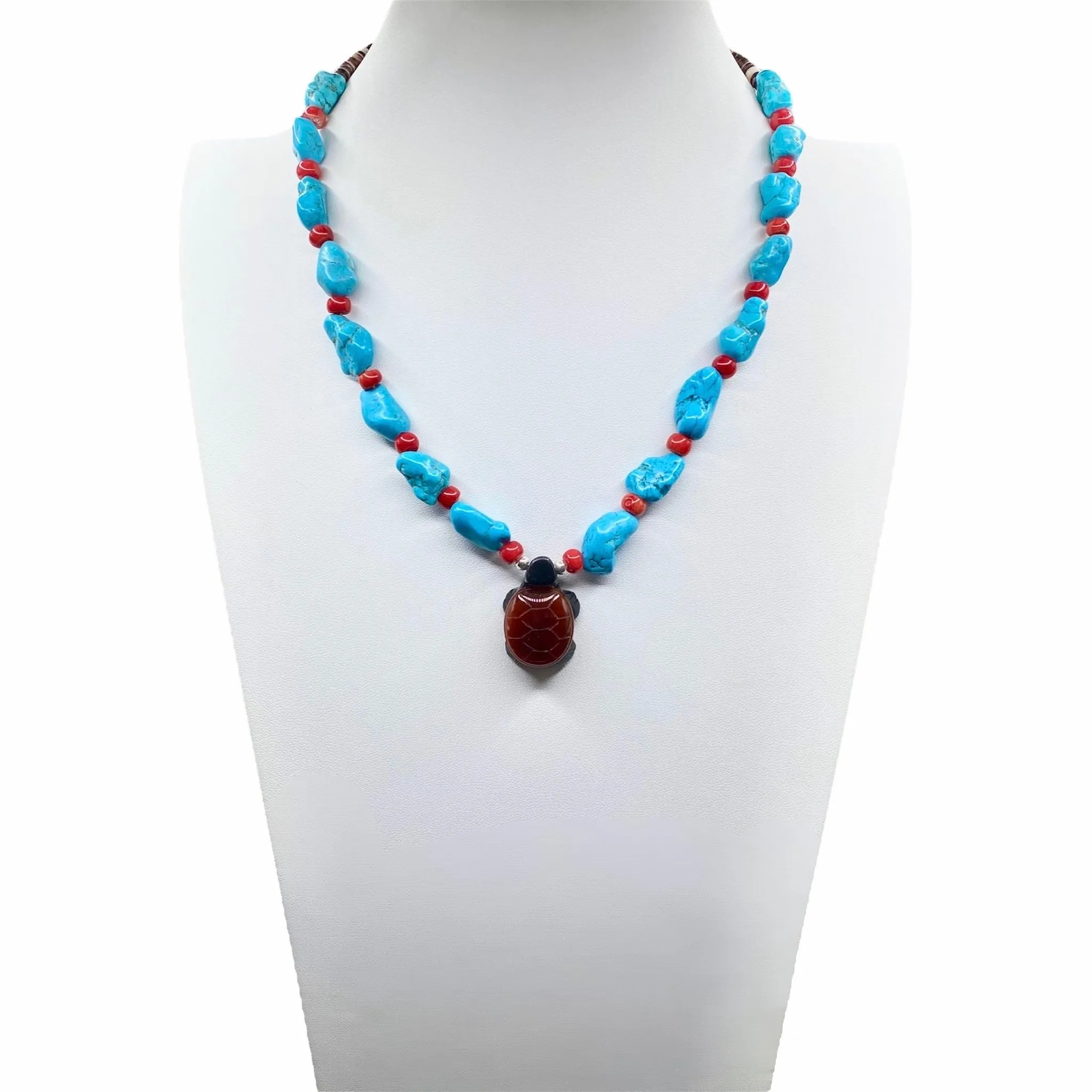 Turquoise, Coral, Heishi Shell, and Jasper Turtle Necklace