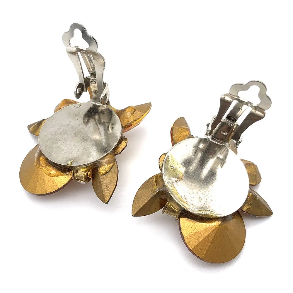 【USA輸入】ヴィンテージ アンバーオレンジ ラインストーン イヤリング/Vintage Amber Orange Rhinestones Clip On Earrings