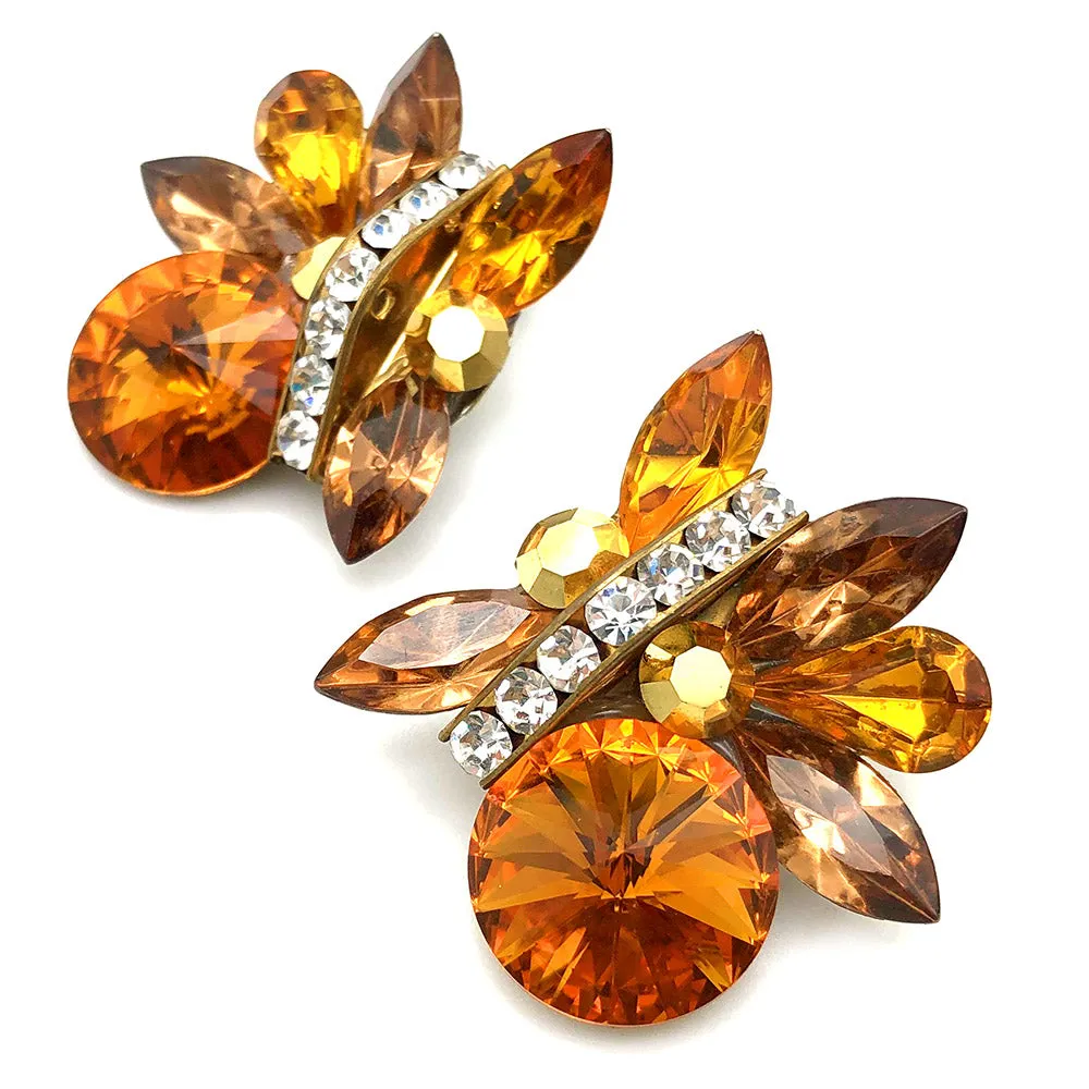 【USA輸入】ヴィンテージ アンバーオレンジ ラインストーン イヤリング/Vintage Amber Orange Rhinestones Clip On Earrings