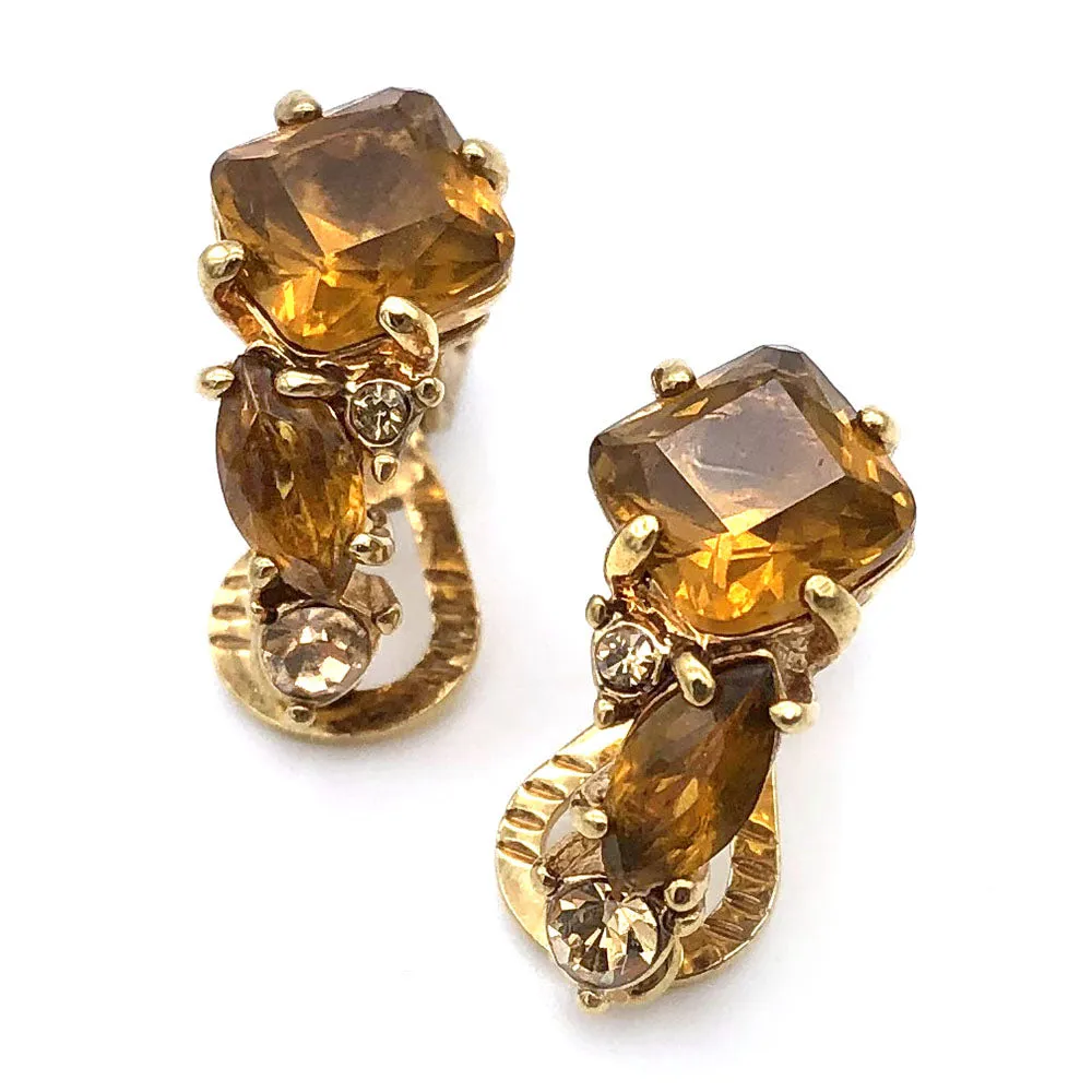 【USA輸入】ヴィンテージ モネ アンバー ラインストーン イヤリング/Vintage MONET Amber Rhinestones Clip On Earrings