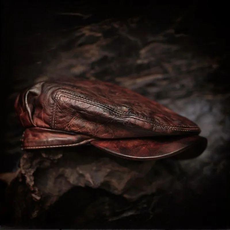 Washed Distressed Leather Flat Cap
