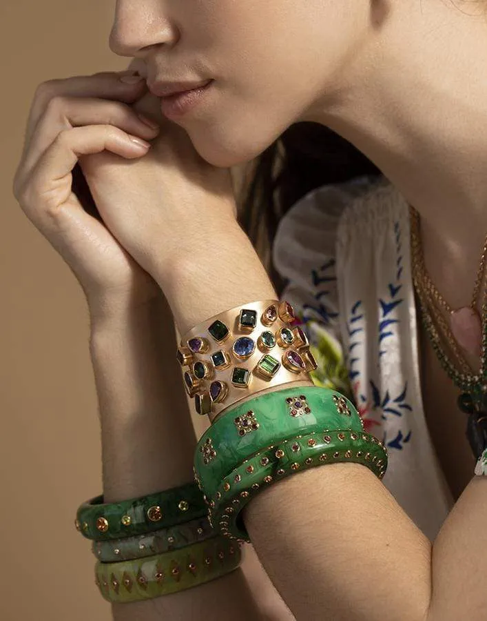 White Topaz Green and Blue Bakelite Bangle