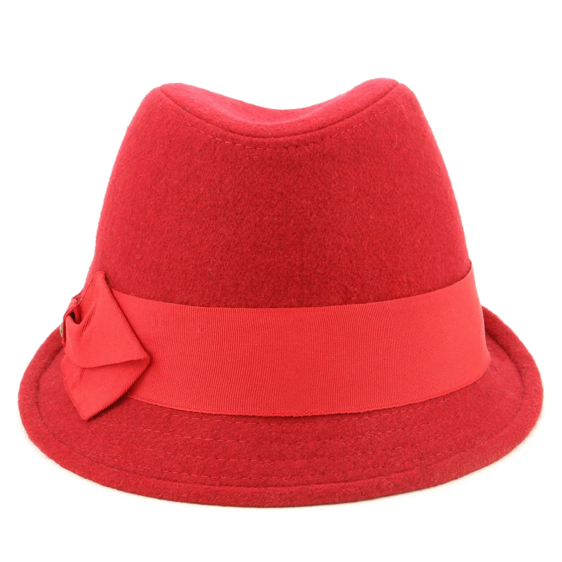 Wool trilby hat with short brim and large side bow - Red (57cm)